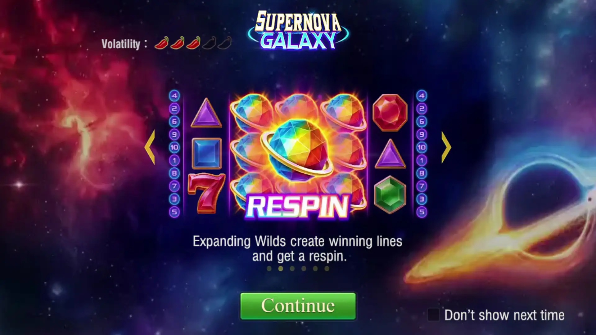 Supernova Galaxy online slot gameplay screenshot showing the reels