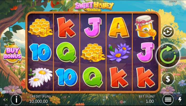 Sweet Honey Beeluxe slot gameplay screenshot showing the honey themed reels