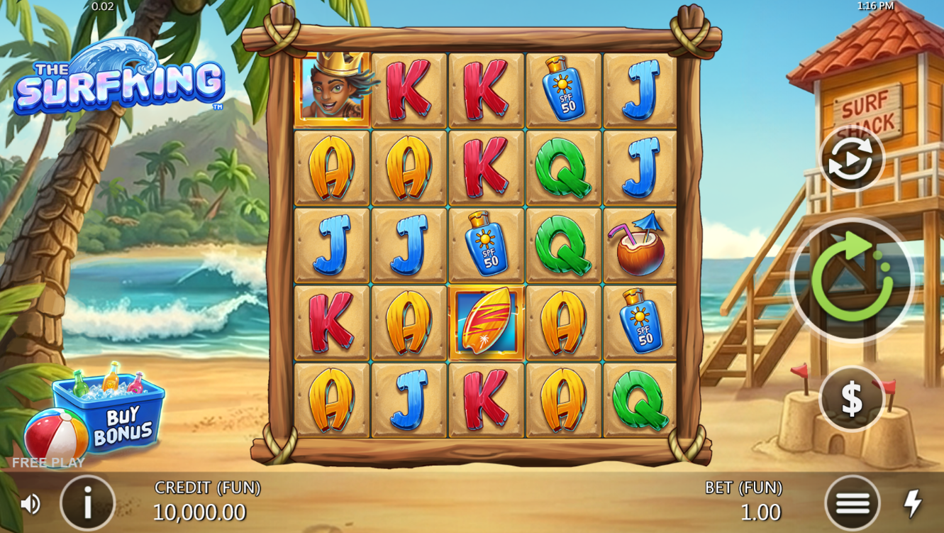 The Surfking slot gameplay screenshot showing the beach themed reels