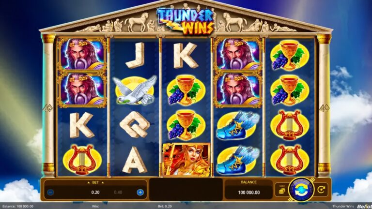 Thunder Wins five-reel four-row game in a marble temple with Zeus, lyres and winged sandals