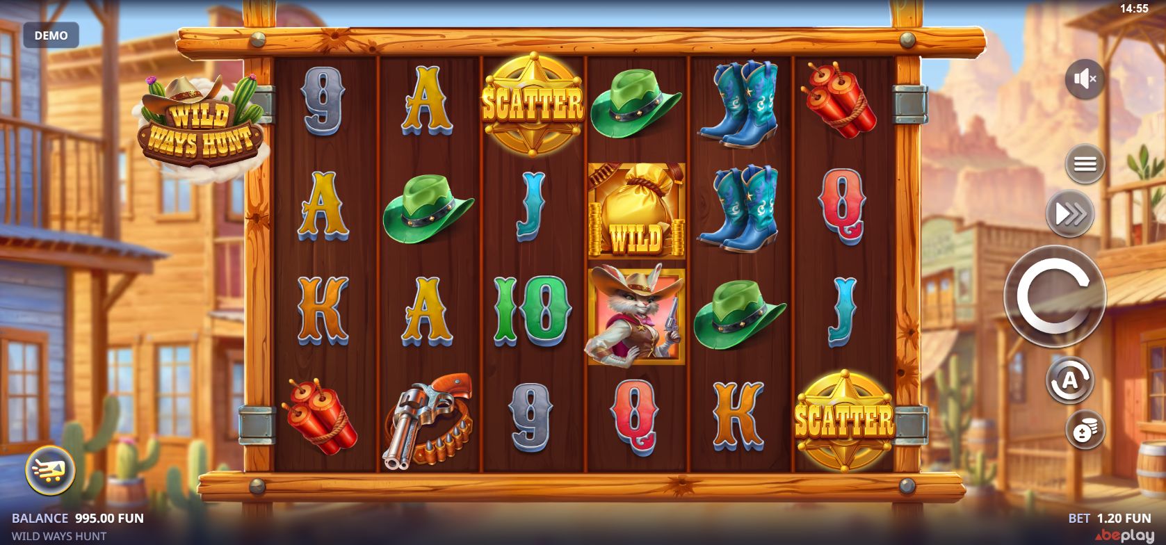 Wild Ways Hunt six-reel western slot with 4096 ways, scatter badges and a gold bag wild