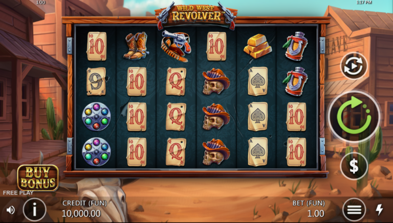 Wild West Revolver slot gameplay screenshot showing the western reels