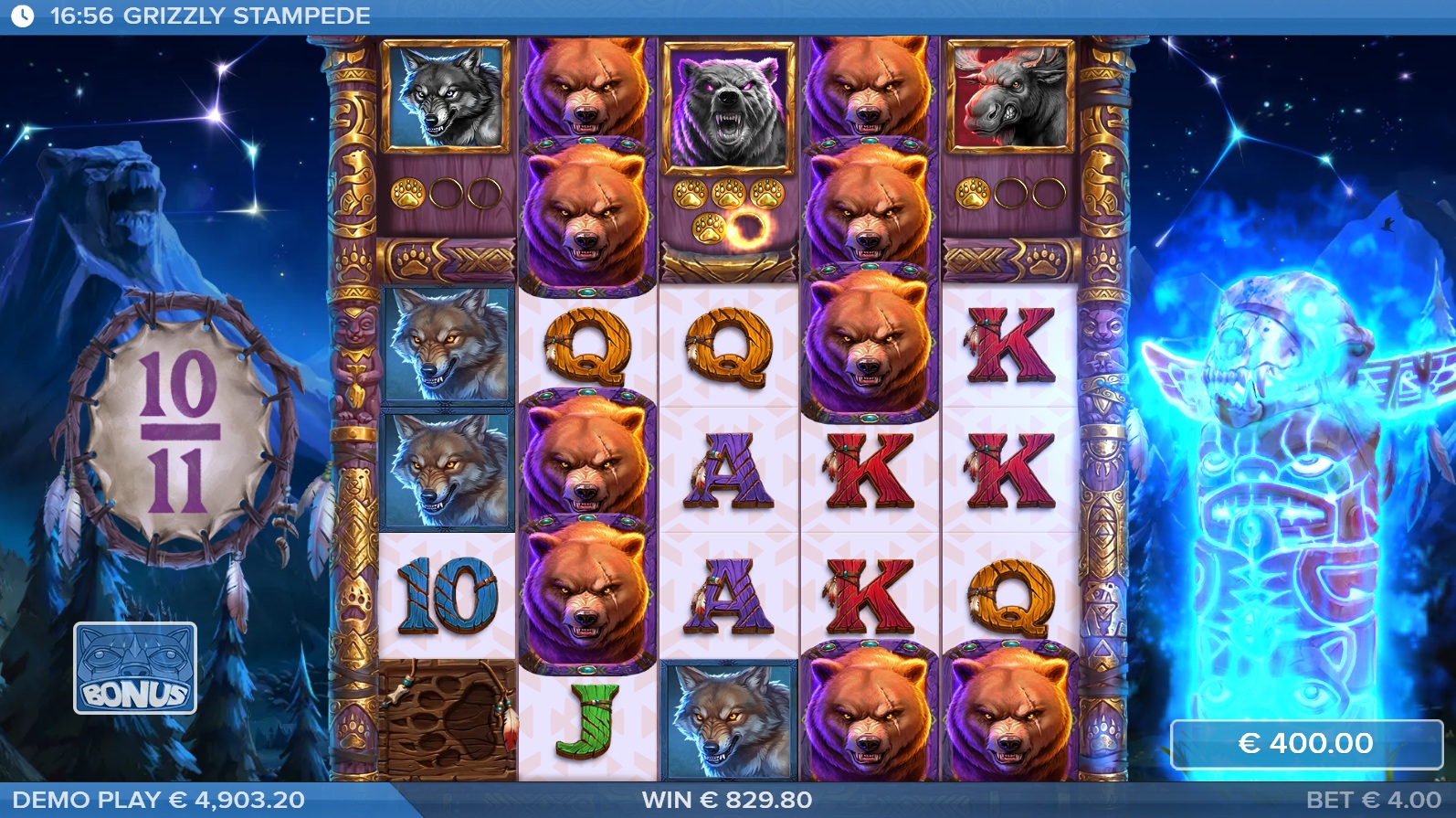 Grizzly Stampede slot gameplay showing animal symbols and tall reels