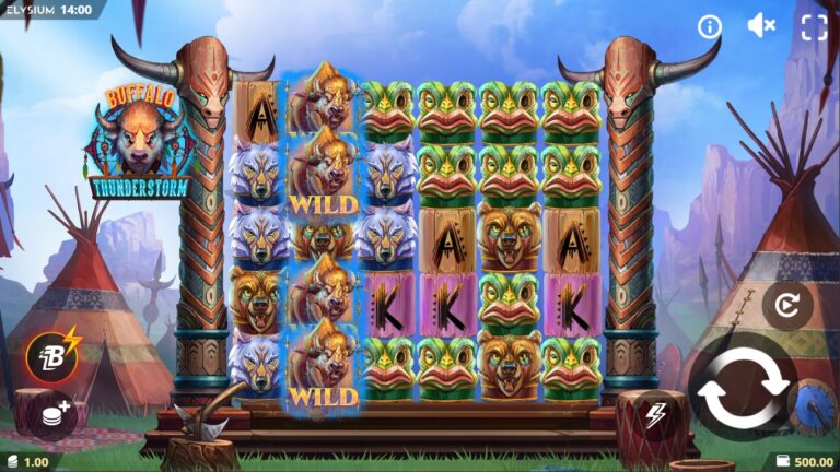 Buffalo Thunderstorm slot gameplay showing symbols on a 6x5 board