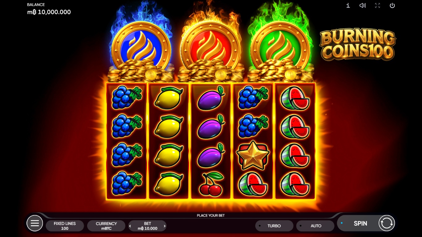 Burning Coins 100 slot gameplay showing the reels and game controls