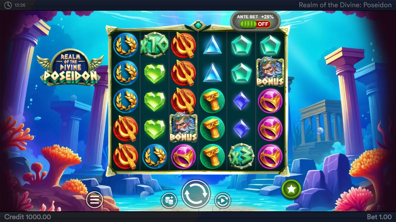 Realm of the Divine: Poseidon slot gameplay showing the reels and game controls