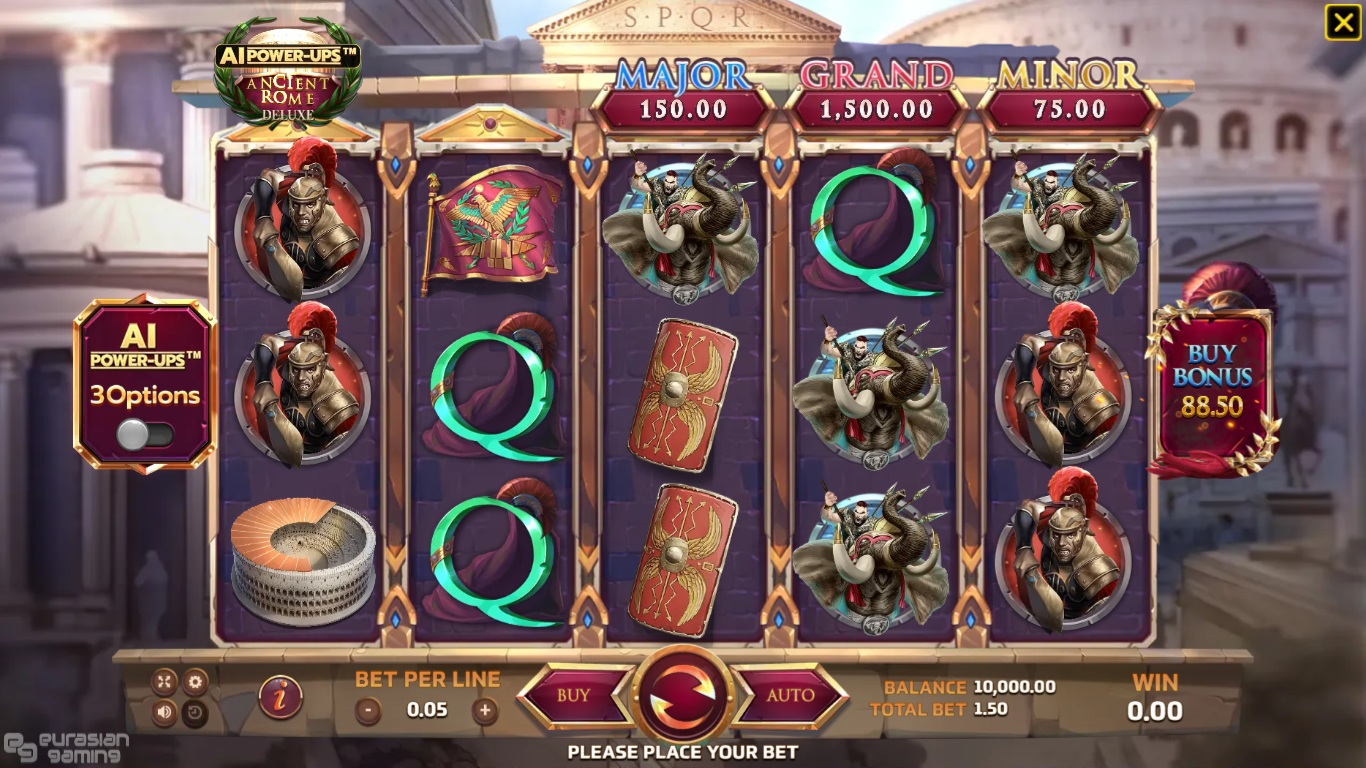 Ancient Rome Deluxe AI slot gameplay showing the reels and game controls