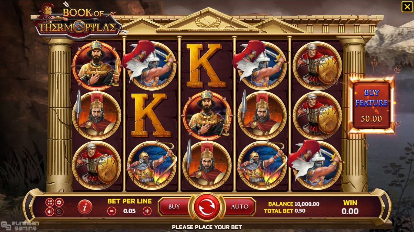 Book of Thermopylae slot gameplay showing the reels and game controls