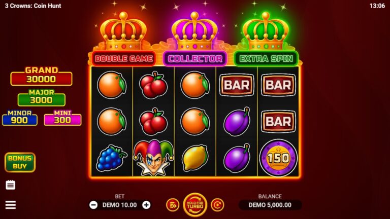 3 Crowns: Coin Hunt slot gameplay showing the reels and game features