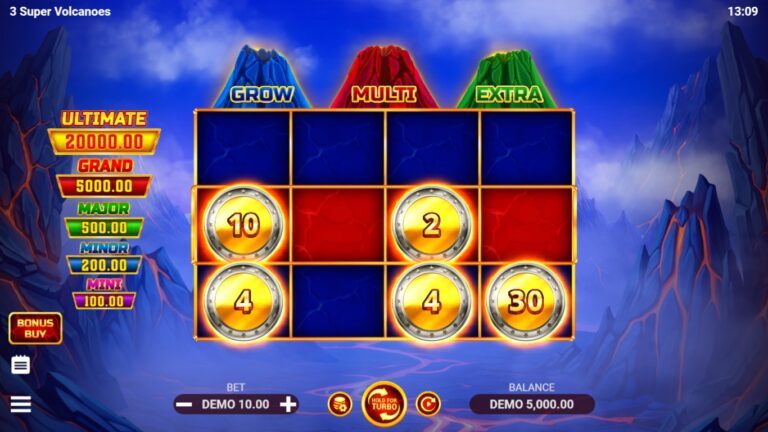 3 Super Volcanoes slot gameplay showing the reels and game features