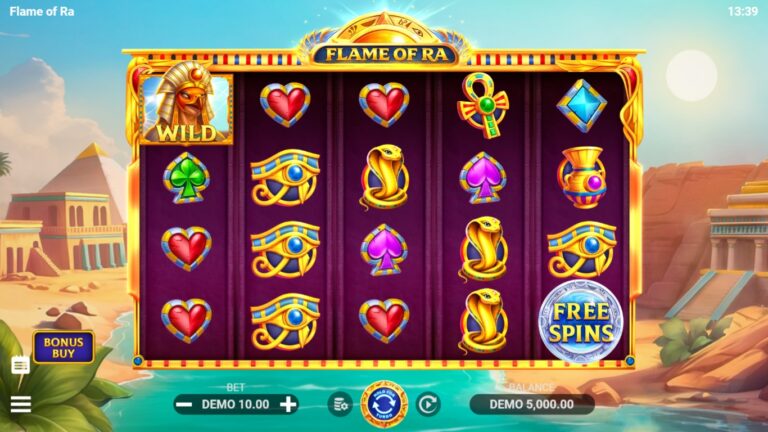 Flame of Ra slot gameplay showing the reels and game features