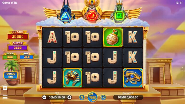 Gems of Ra slot gameplay showing the reels and game features