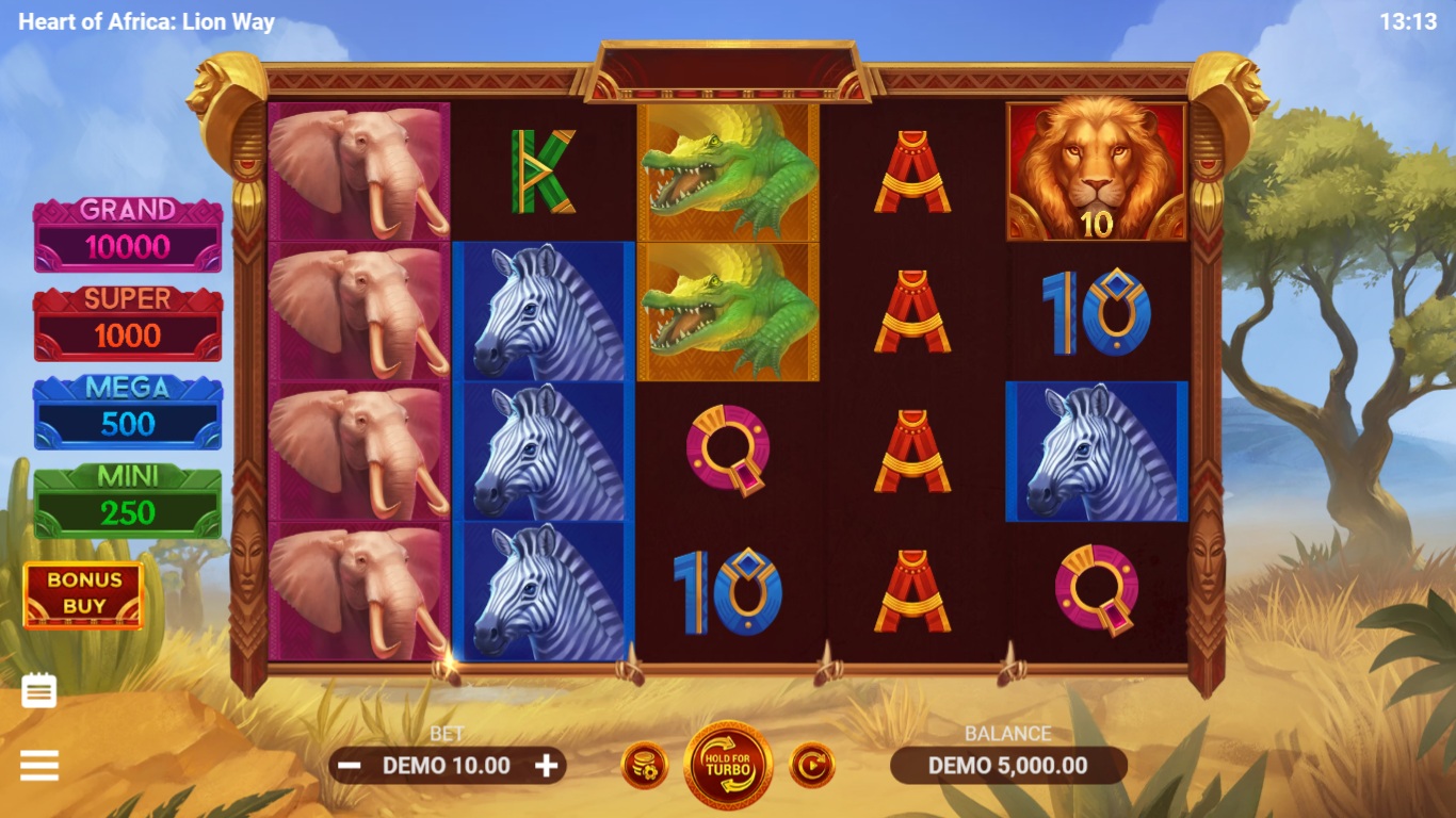 Heart of Africa: Lion Way slot gameplay showing the reels and game features