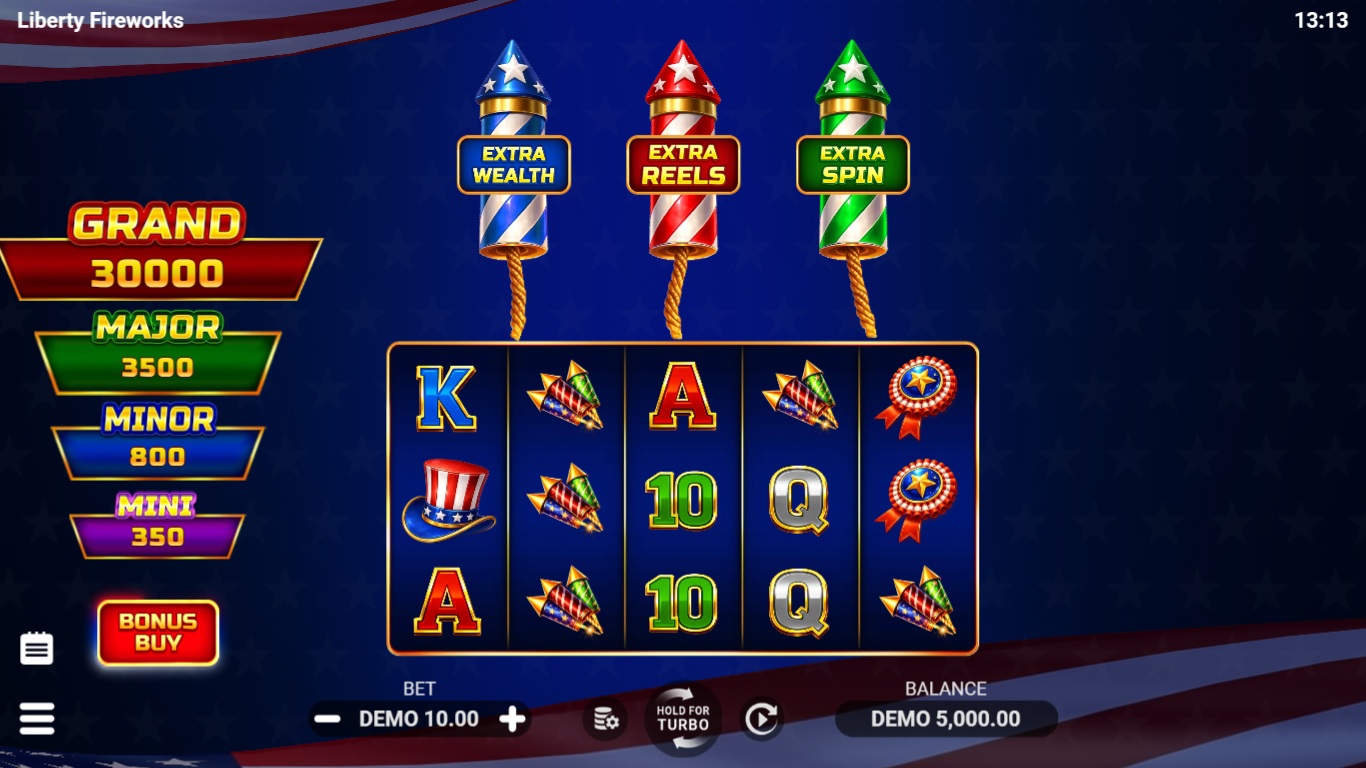 Liberty Fireworks slot gameplay showing the reels and game features