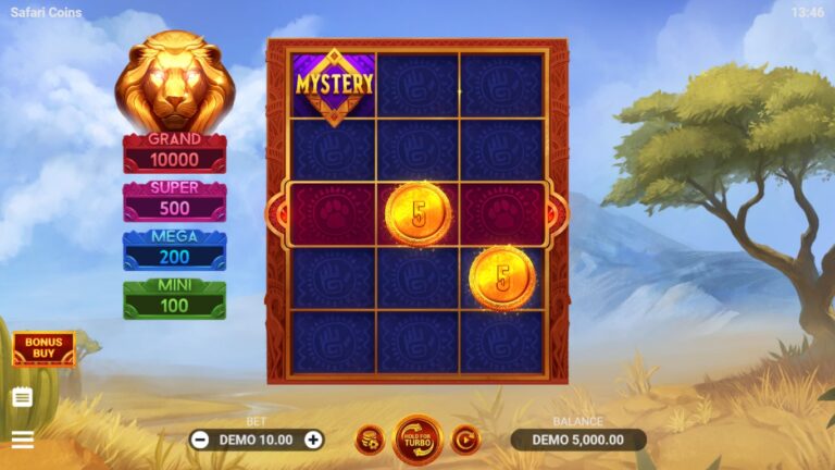 Safari Coins slot gameplay showing the reels and game features