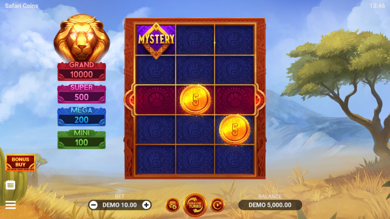 Safari Coins slot gameplay showing the reels and game features