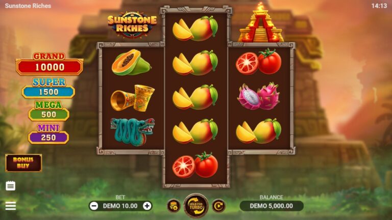 Sunstone Riches slot gameplay showing the reels and game features