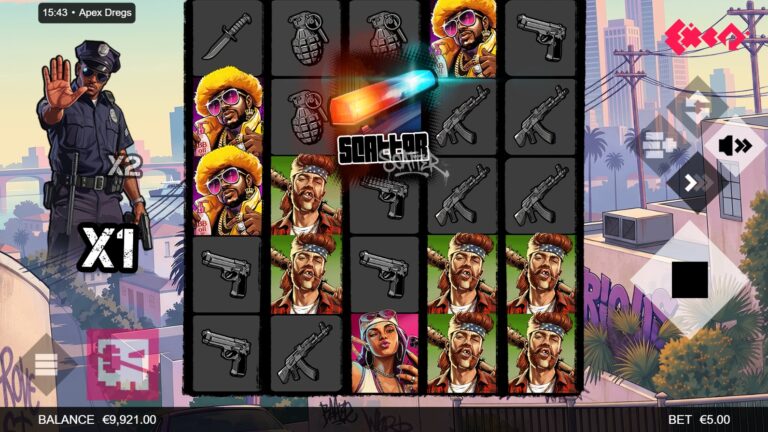 Apex Dregs slot gameplay with street-fighting characters and five reels