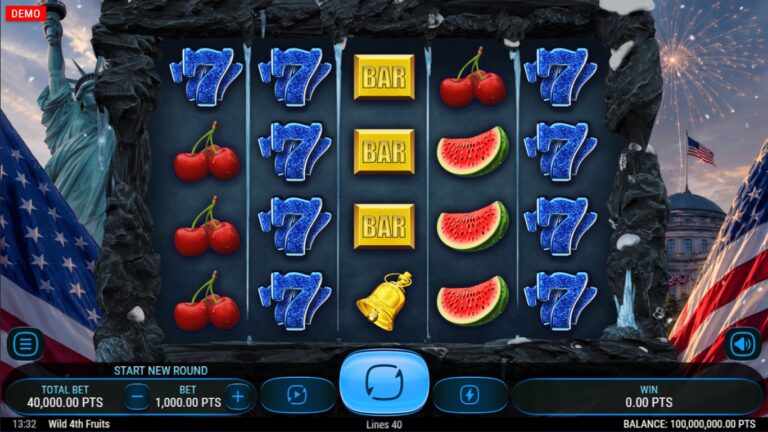 Wild 4th Fruits slot reels with fruit symbols and Fourth of July backdrop