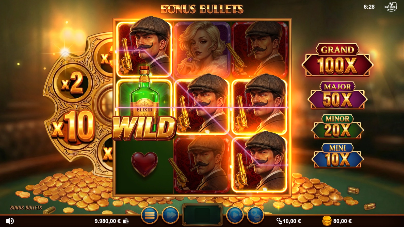 Bonus Bullets slot gameplay with bullet prizes on a three-reel grid