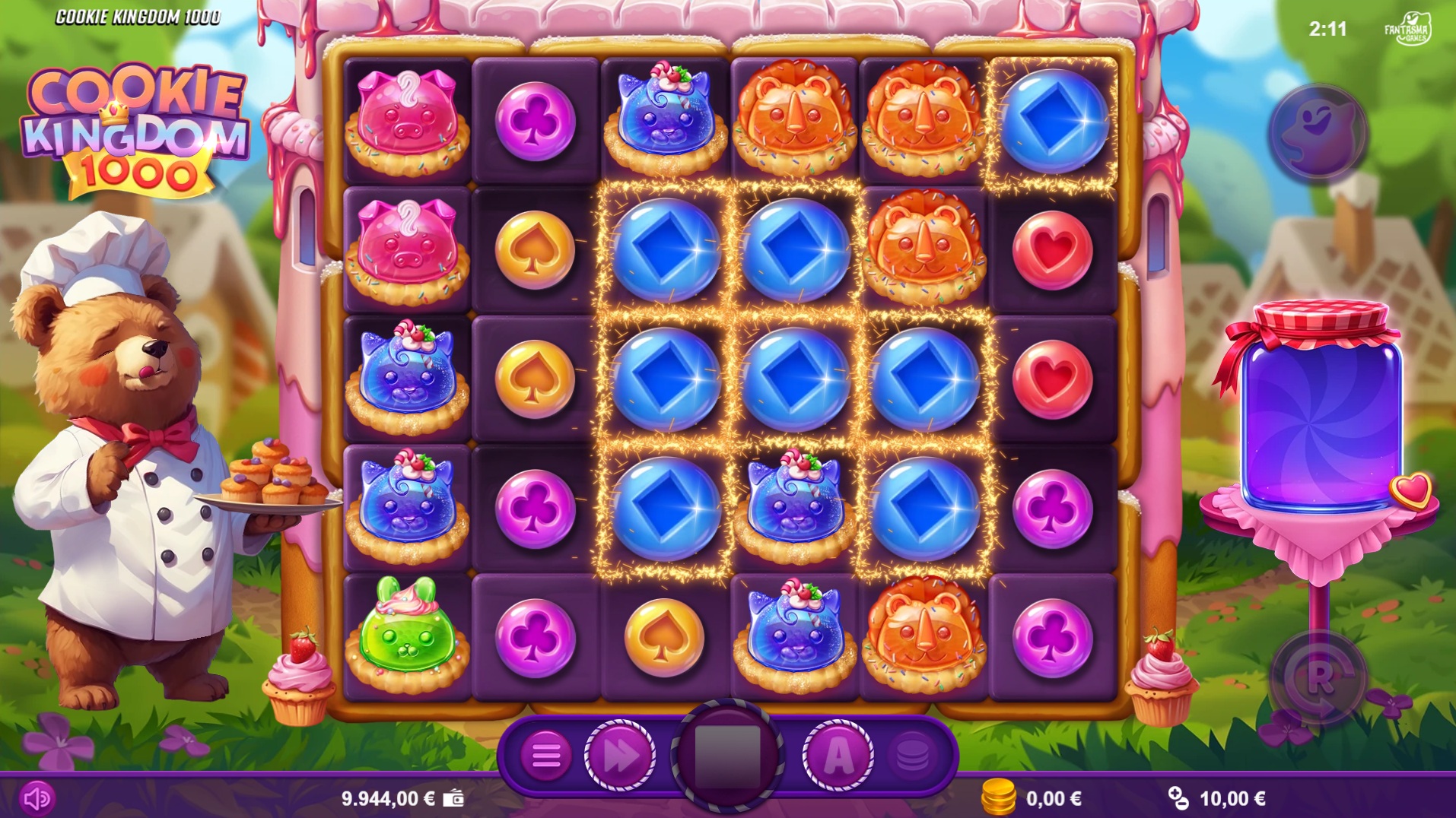 Cookie Kingdom 1000 slot gameplay showing candy symbols on a six-by-five board