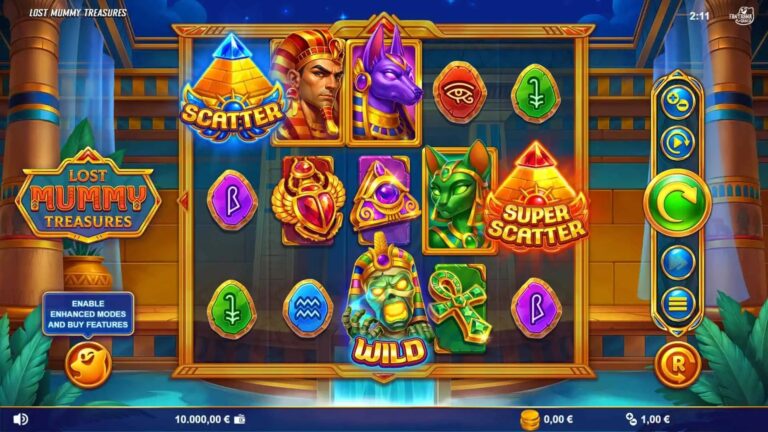 Lost Mummy Treasures slot gameplay with symbols on a 5x3 board
