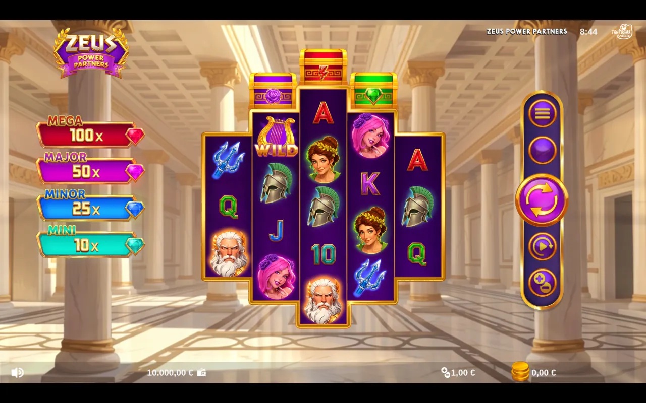 Zeus Power Partners slot gameplay with diamond-shaped reels and Greek symbols