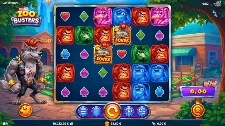 Zoo Busters slot gameplay showing animal symbols on a six-by-five field
