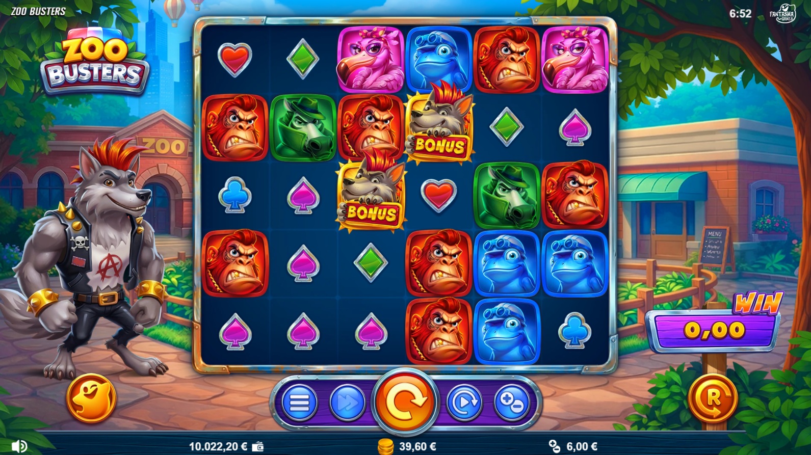Zoo Busters slot gameplay showing animal symbols on a six-by-five field