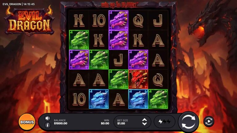Evil Dragon slot gameplay with symbols on a 5x5 board
