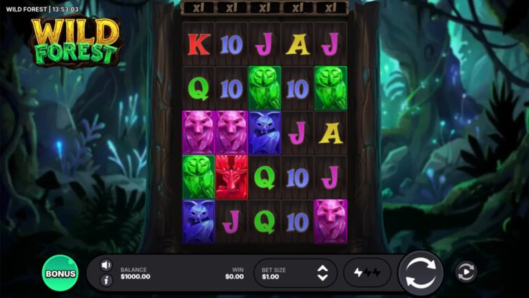 Wild Forest gameplay with animal and gem symbols in a dark woodland scene