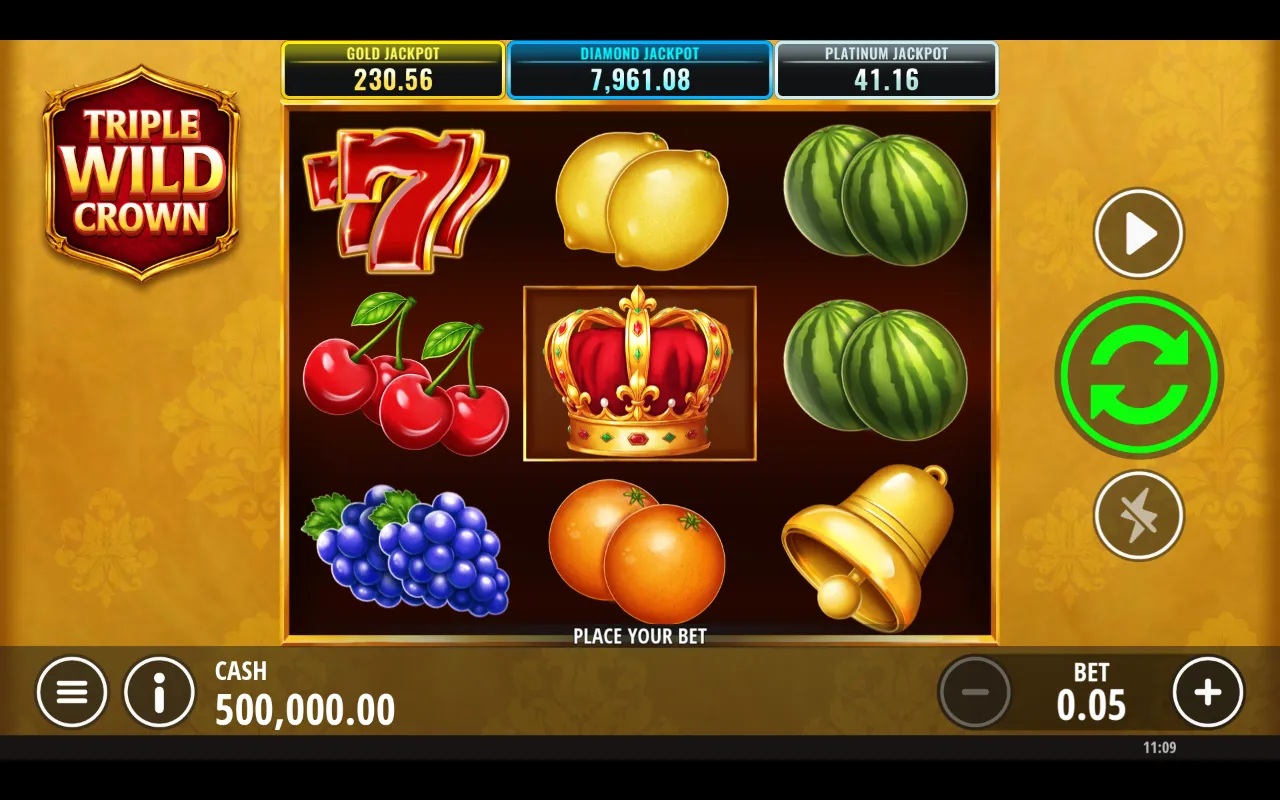 Triple Wild Crown slot gameplay with three reels and fruit symbols