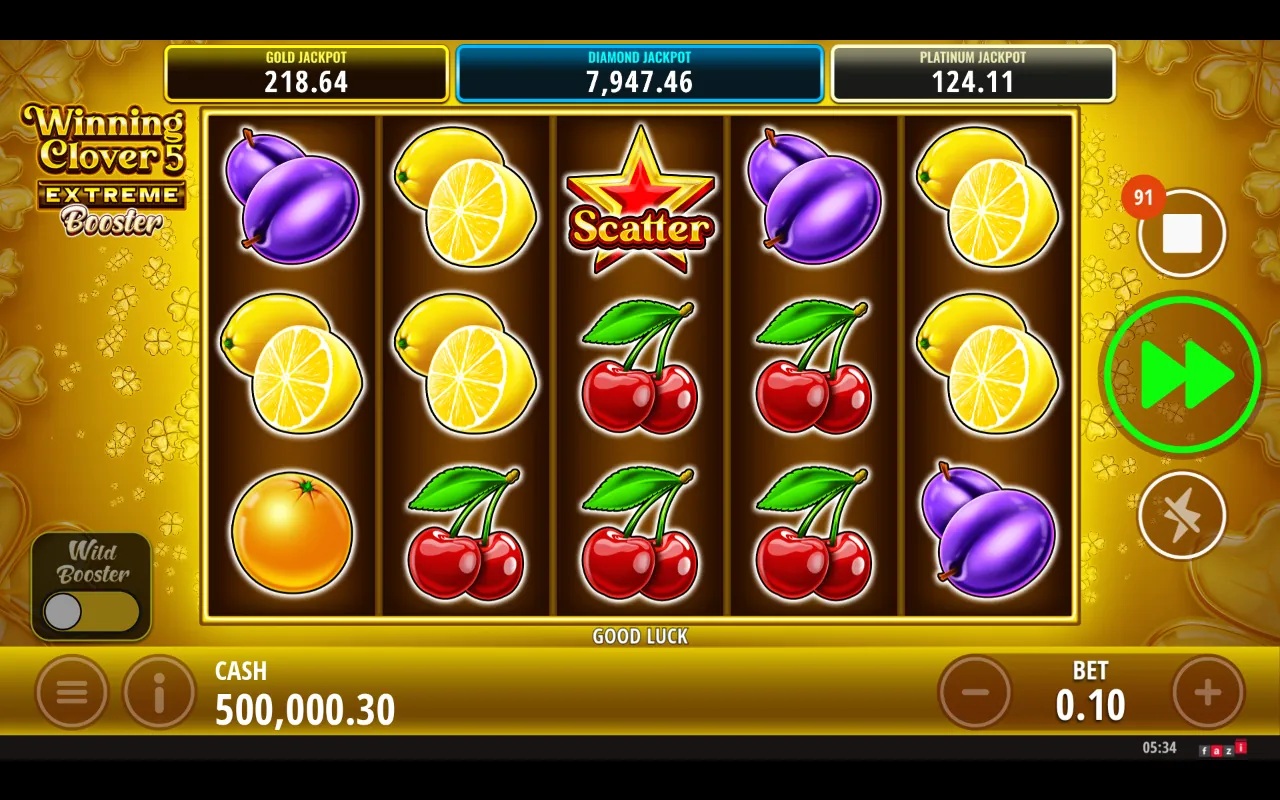 Winning Clover 5 Extreme Booster slot gameplay with fruit reels and Wild Booster