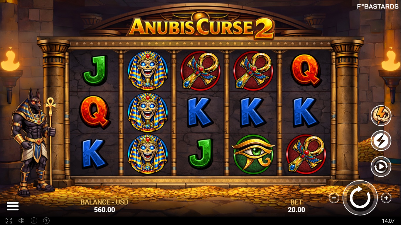 Anubis Curse 2 gameplay showing Egyptian themed symbols on the reels