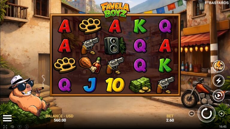Favela Boyz gameplay with colourful street art around the reels