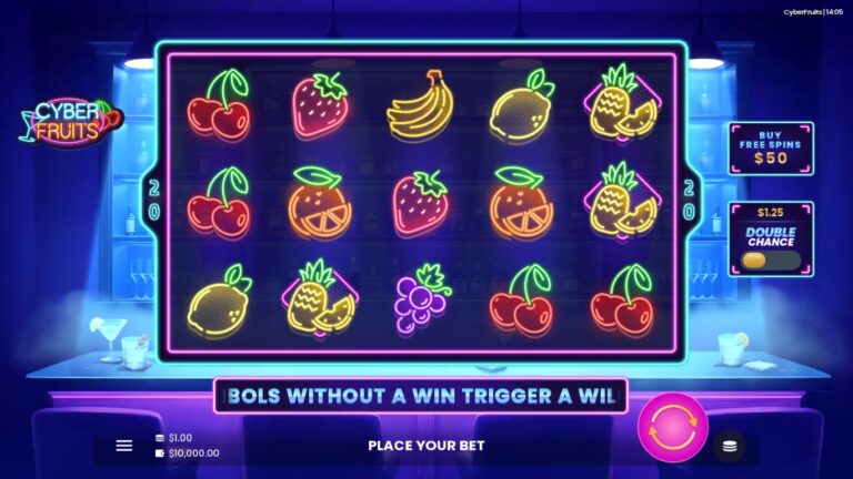 Cyber Fruits gameplay with neon fruit symbols on the reels