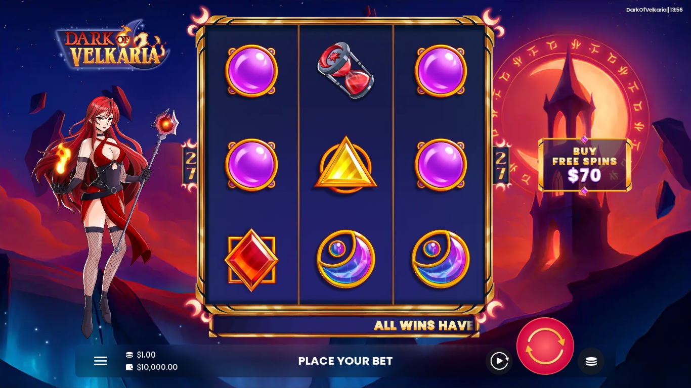 Dark of Velkaria gameplay with a compact three reel fantasy slot grid