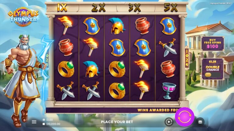 Olympus Thunder gameplay showing Greek themed symbols on the reels
