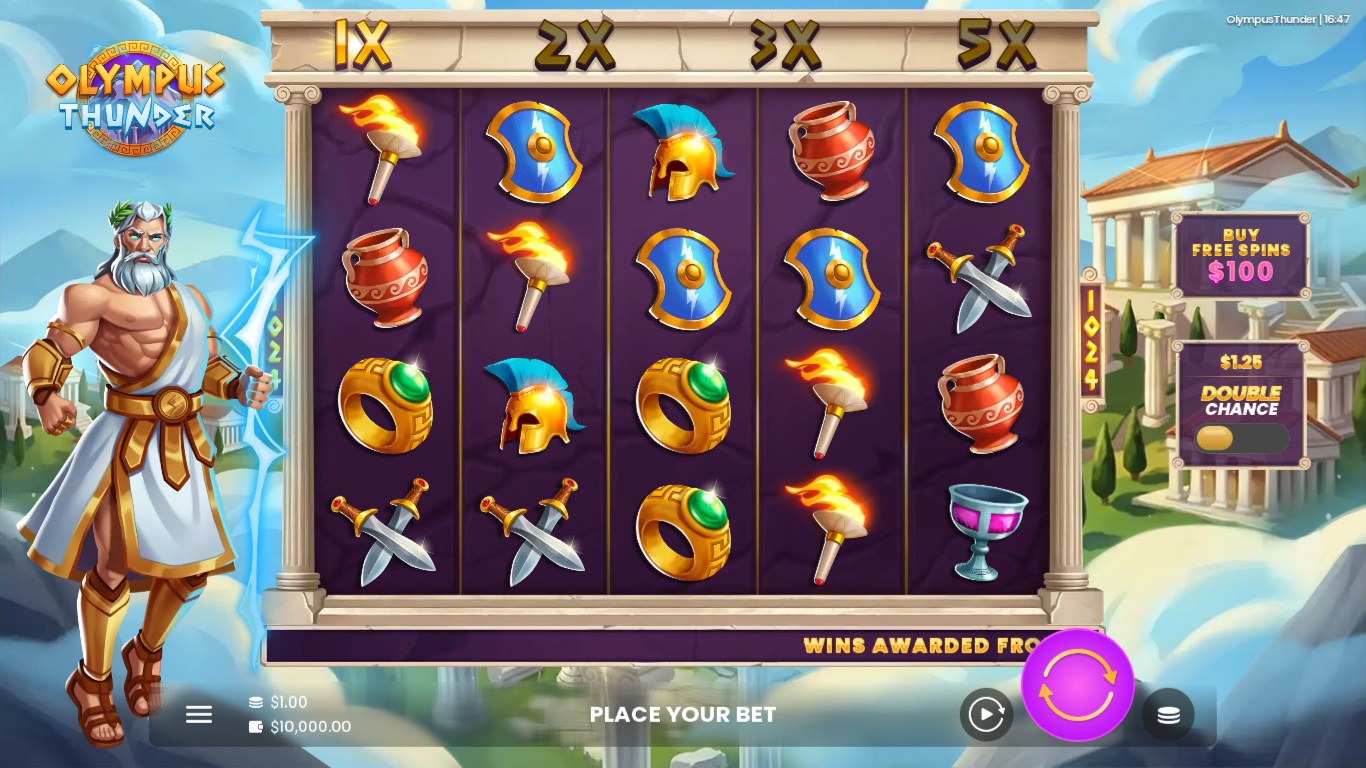 Olympus Thunder gameplay showing Greek themed symbols on the reels
