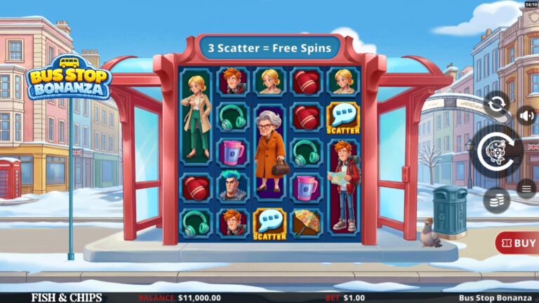 Bus Stop Bonanza gameplay with passenger symbols on the reel board