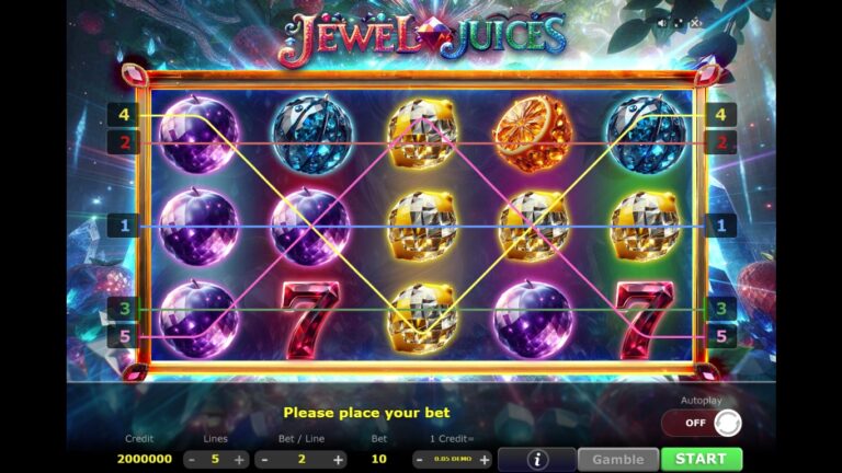 Jewel Juices gameplay with bright jeweled fruit symbols