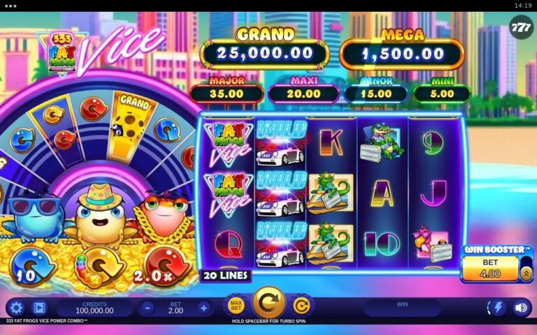 333 Fat Frogs Vice Power Combo slot gameplay with neon frog symbols and prize meters