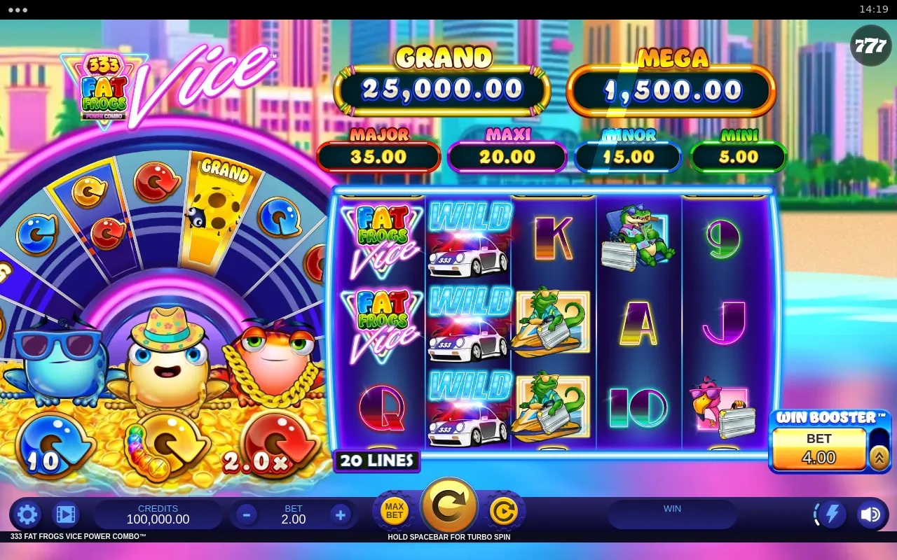 333 Fat Frogs Vice Power Combo slot gameplay with neon frog symbols and prize meters