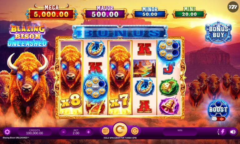 Blazing Bison Unleashed slot gameplay with stacked bison on five reels
