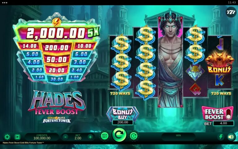 Hades Fever Boost Gold Blitz Fortune Tower slot gameplay with shaped reels and prize ladders