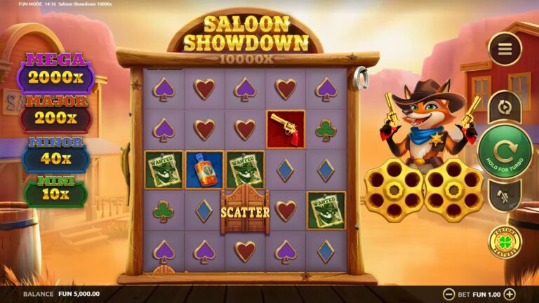 Saloon Showdown 10,000x gameplay with Western symbols on the reels