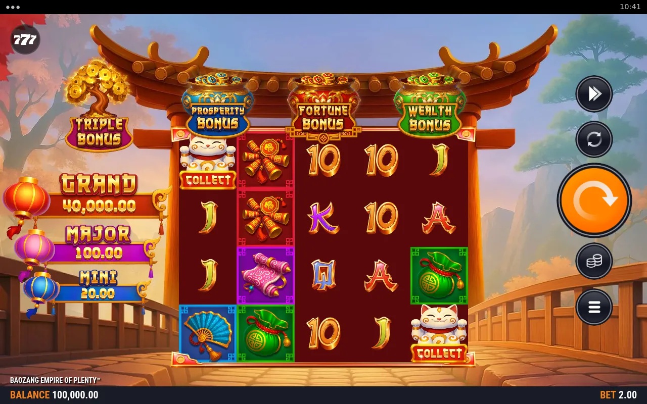 Baozang Empire of Plenty slot gameplay with temple symbols and coloured Coins