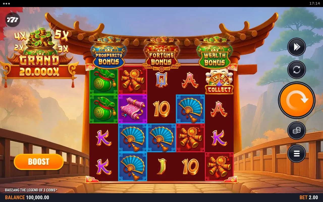Baozang the Legend of 3 Coins slot gameplay with temple reels and three Coin colours