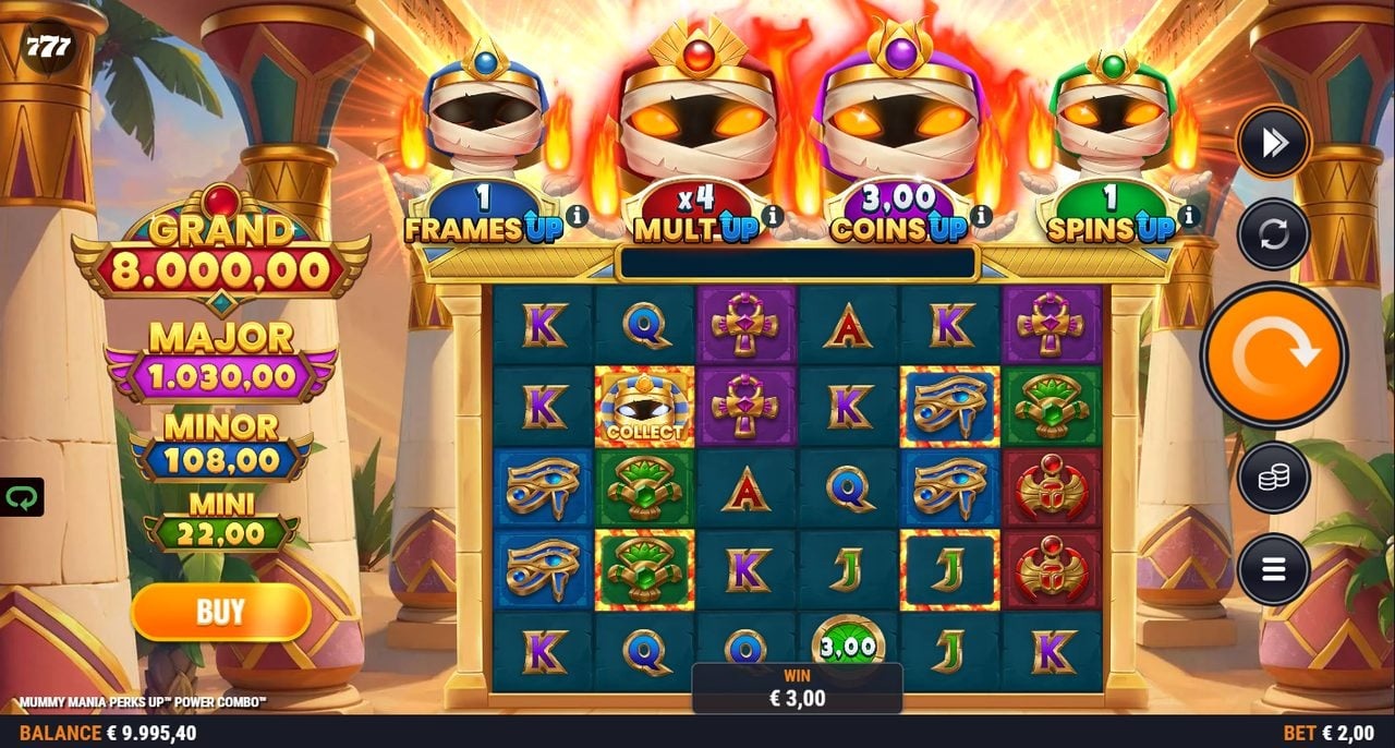 Mummy Mania Perks Up Power Combo slot gameplay with wide grid and four mummy perk meters