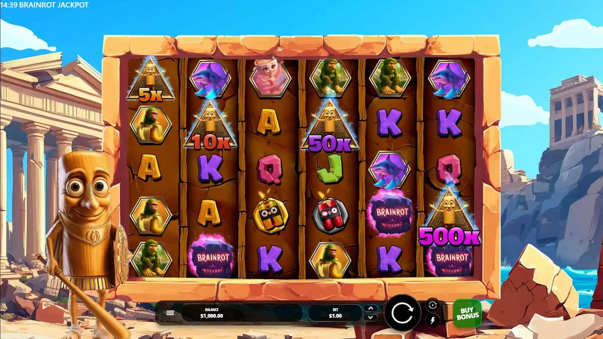 Brainrot Jackpot slot gameplay with symbols on a 6x5 board